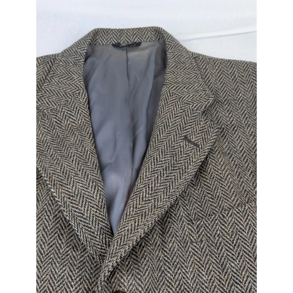 Corbin Ltd Tweed Wool Men Herringbone Sport Coat Blazer Gray Brown USA Lrg Vtg